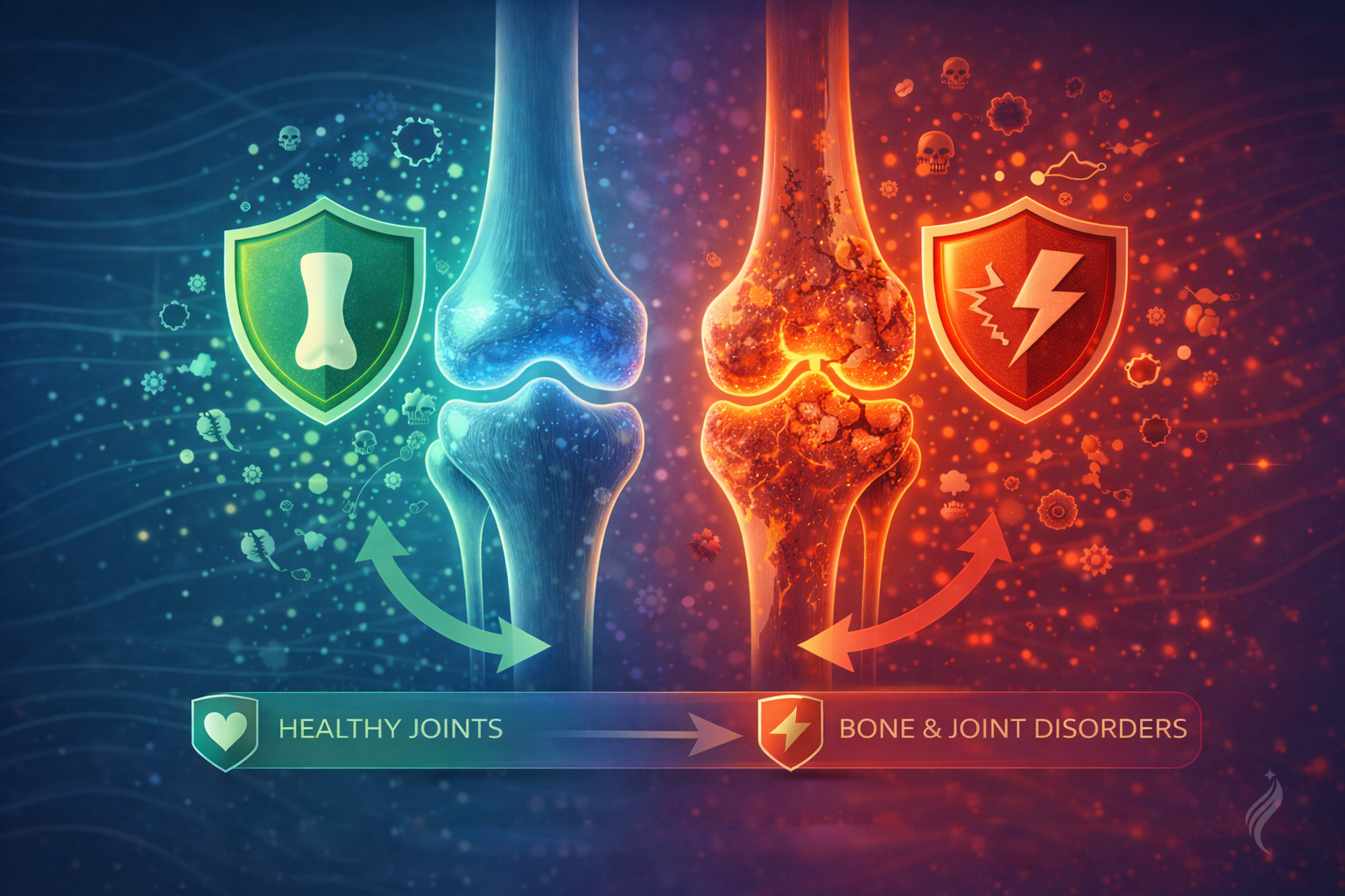 Visual comparison of healthy joints and bone & joint disorders showing inflammation, cartilage damage, and joint degeneration