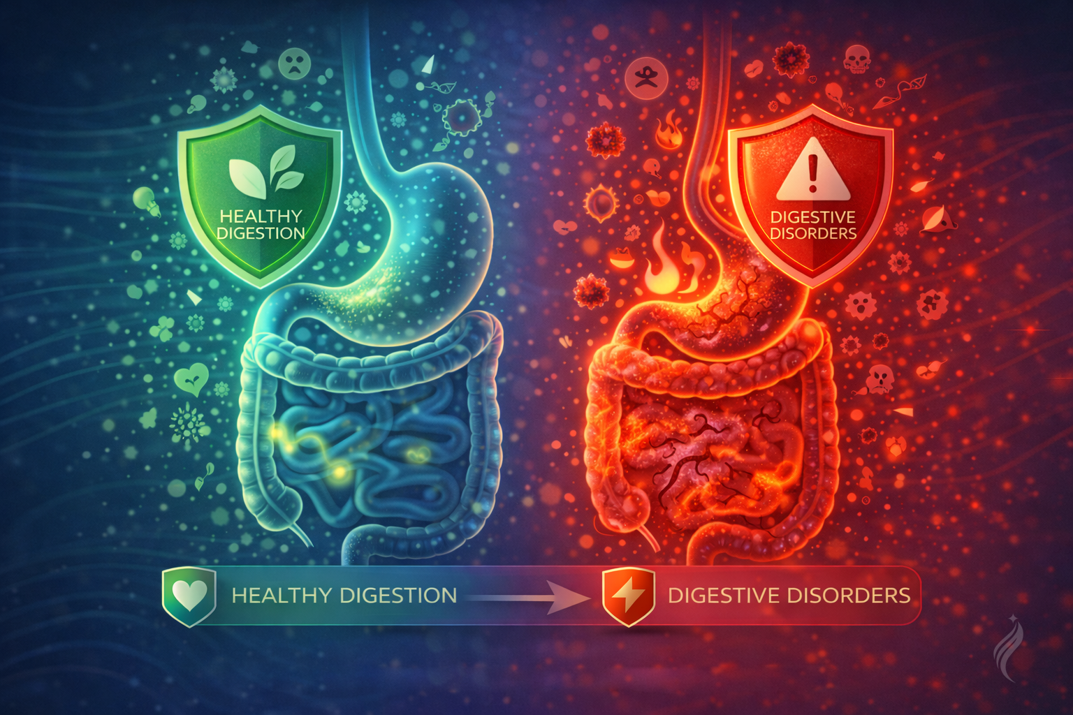 Illustration showing healthy digestion versus digestive disorders, highlighting inflammation and imbalance in the digestive system.