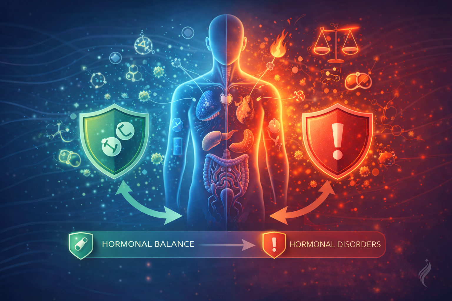 Visual representation of hormonal balance and imbalance in hormonal disorders.