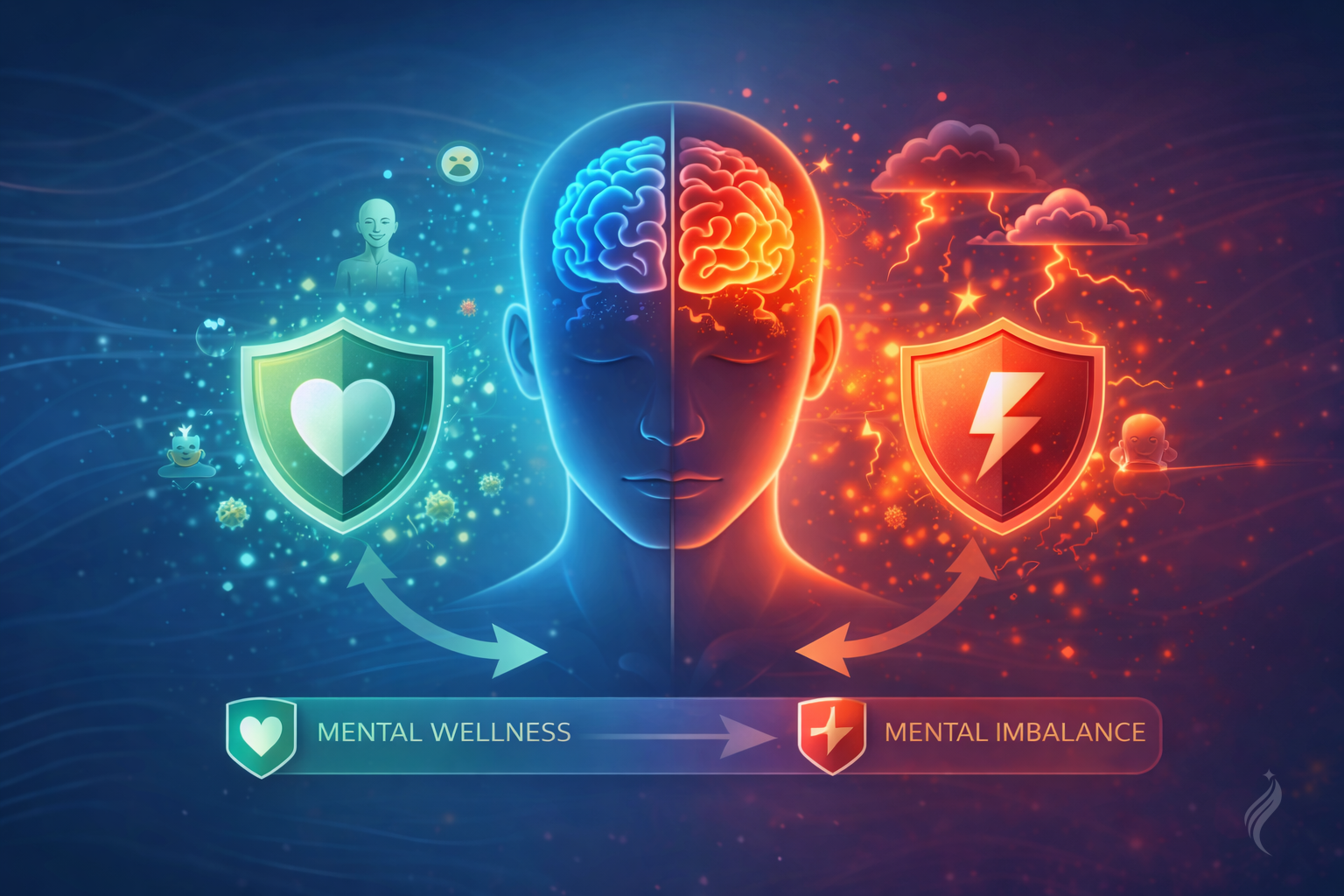 Illustration showing mental wellness versus mental imbalance, highlighting emotional balance and brain health.