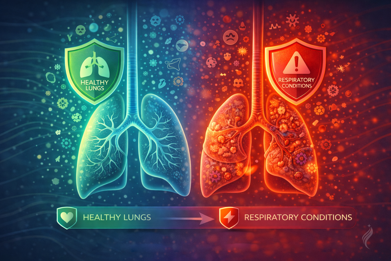Visual illustration showing healthy lungs versus inflamed lungs affected by respiratory conditions such as asthma and allergies.