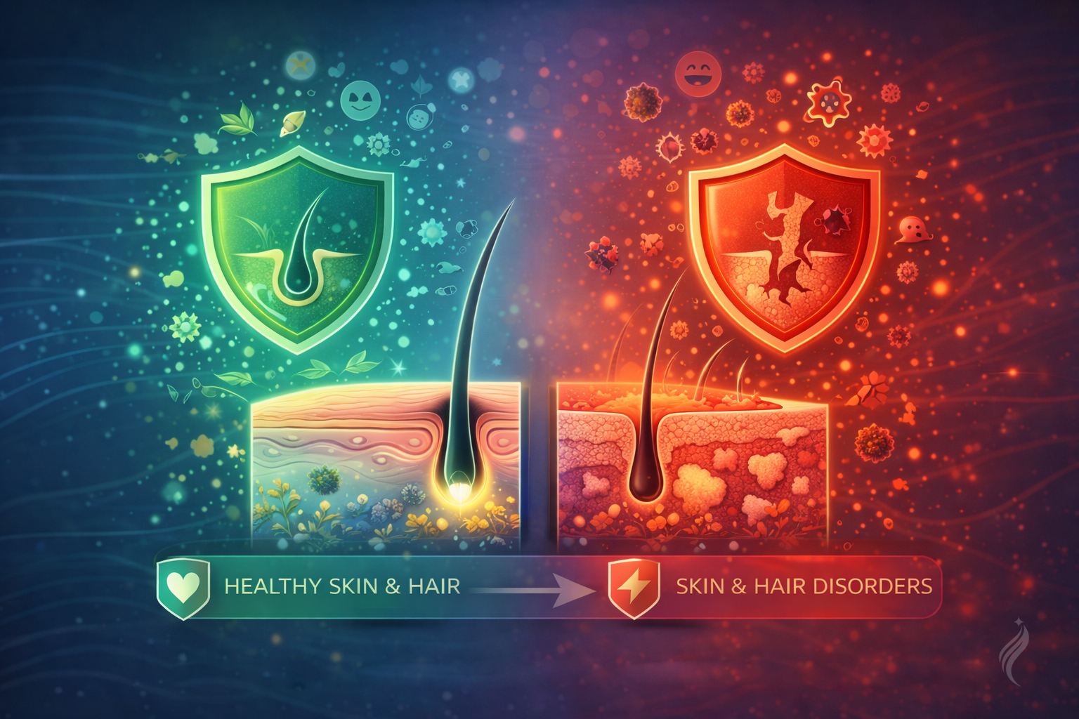 Visual representation of healthy versus diseased skin and hair, highlighting underlying internal imbalances