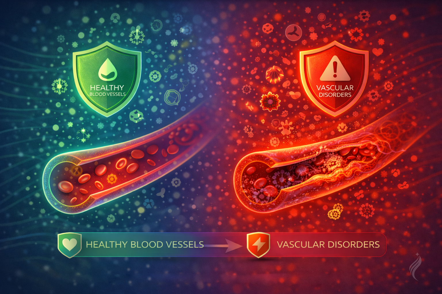 Comparison of healthy blood vessels and vascular disorders showing restricted blood flow and vessel damage.