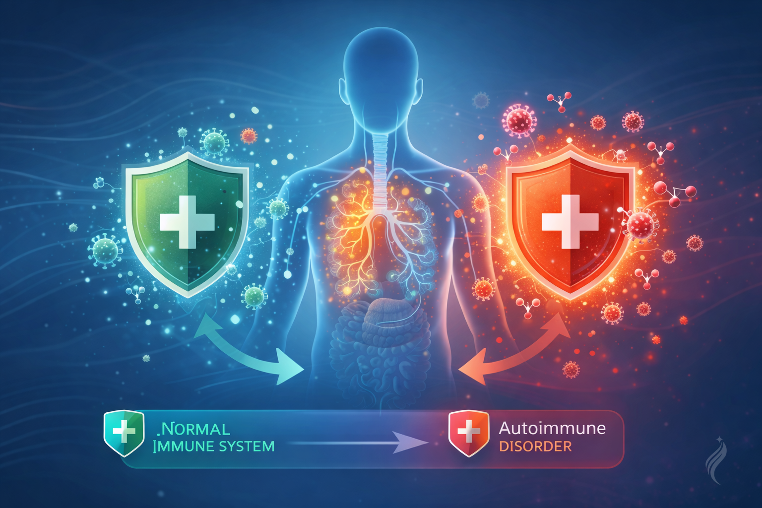 Illustration showing immune system imbalance in autoimmune disorders affecting the human body
